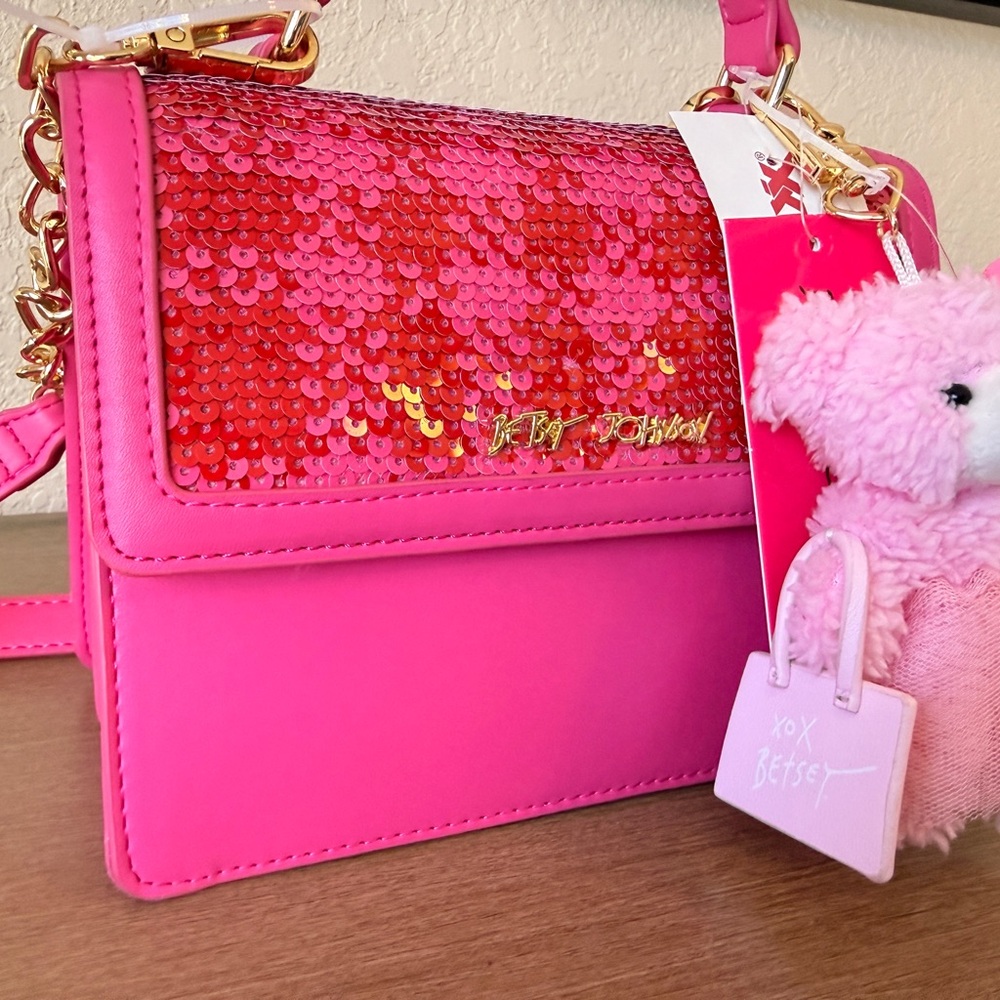 Betsey Johnson Pink Sequin Handbag with Teddy Charm - Picture 2 of 4
